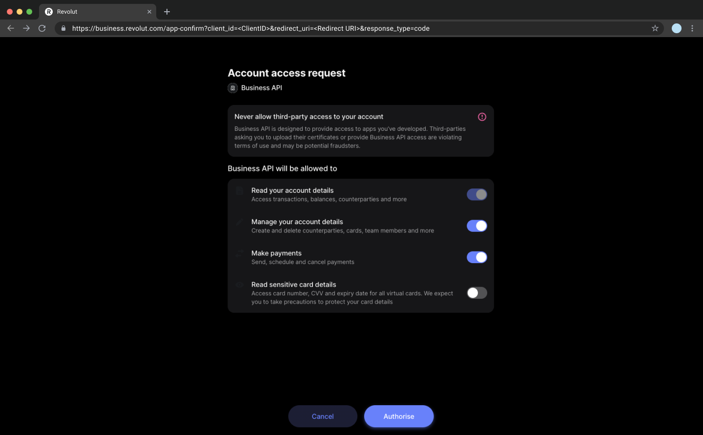 Account access request - dark mode