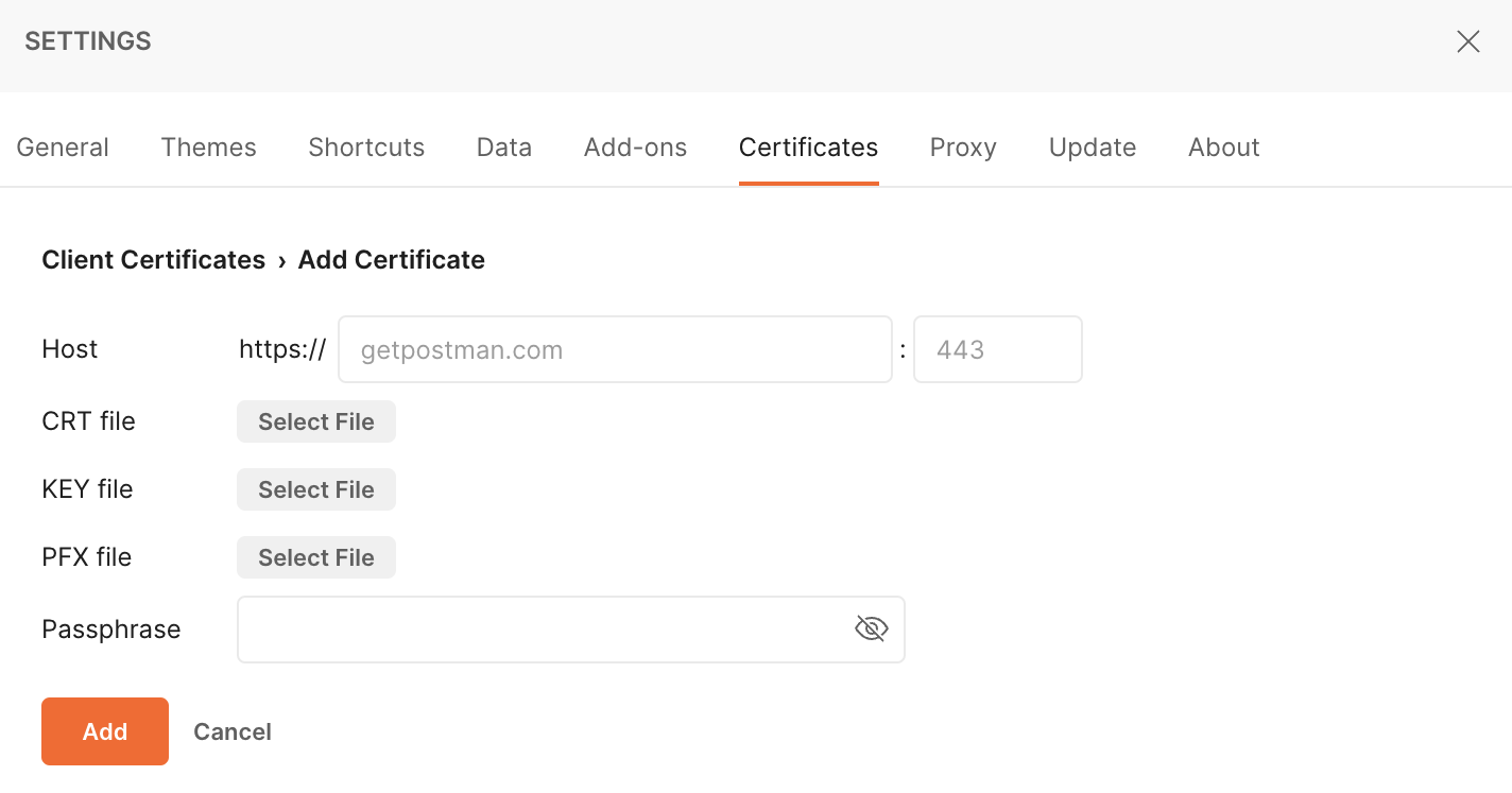 Postman settings - Add certificate