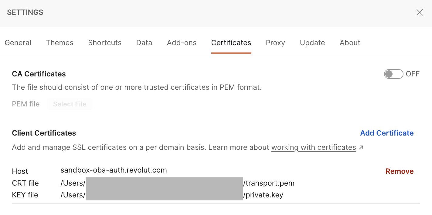 Postman settings - Client Certificates