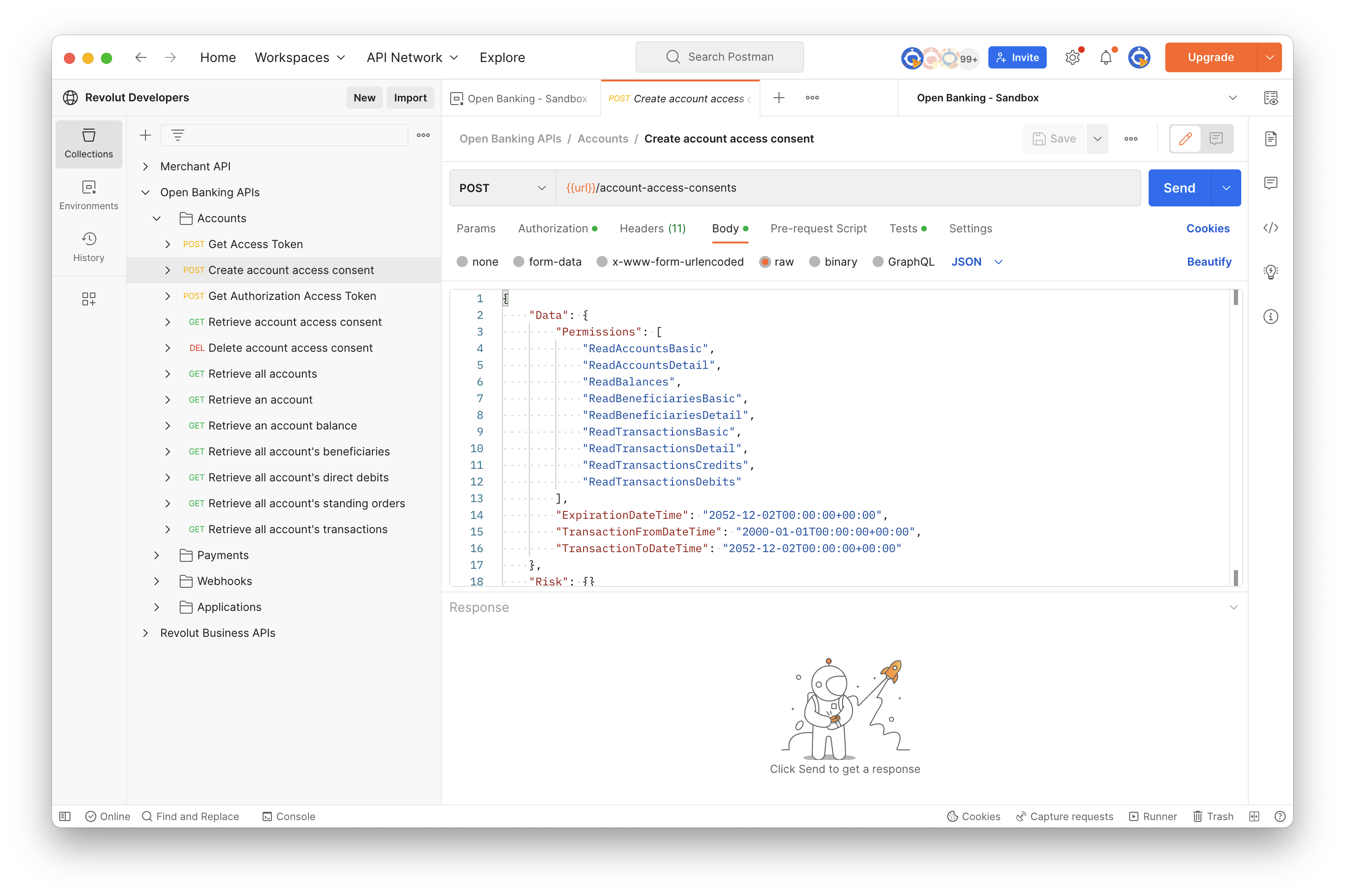 Postman request - Create account access consent