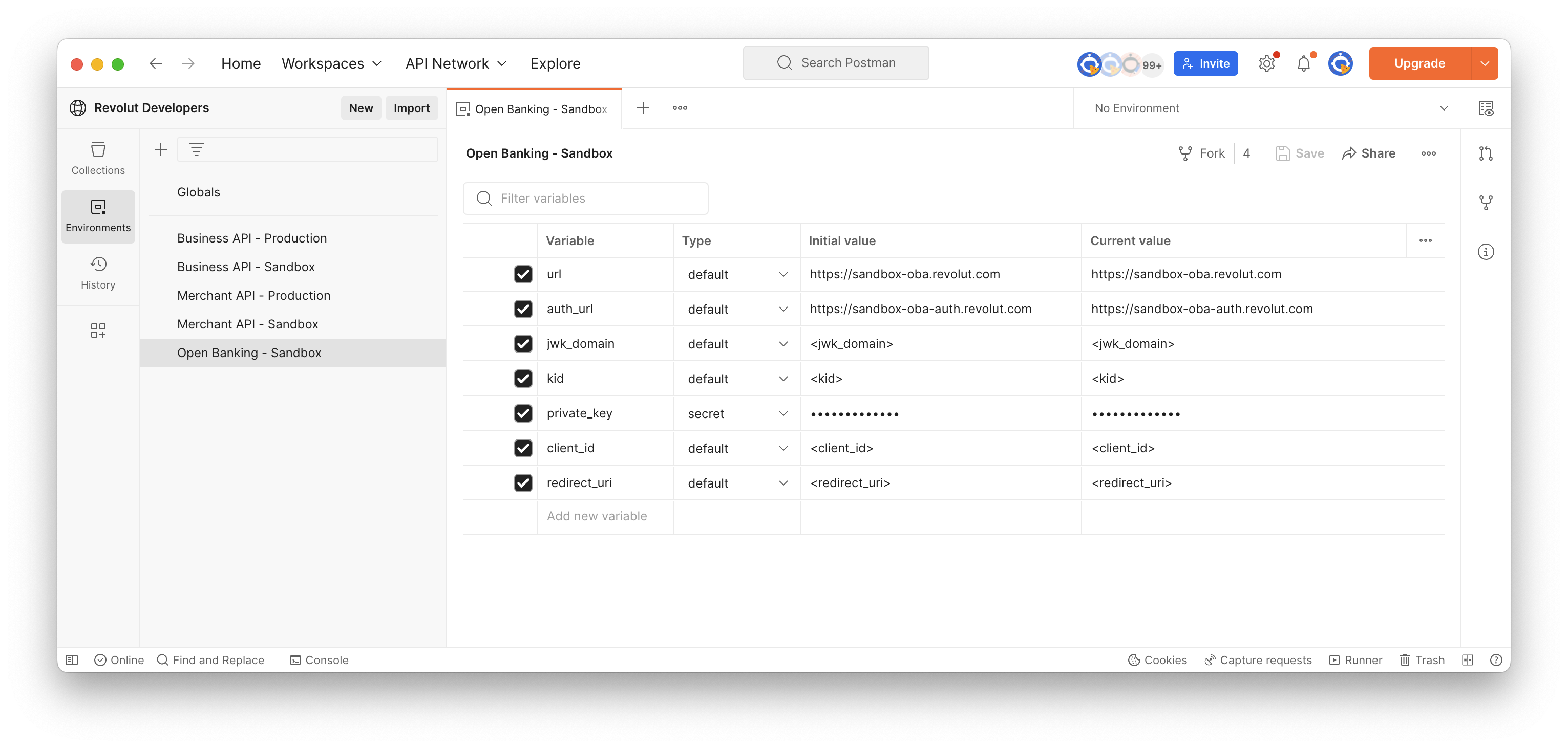 Postman open banking api environmnent variables