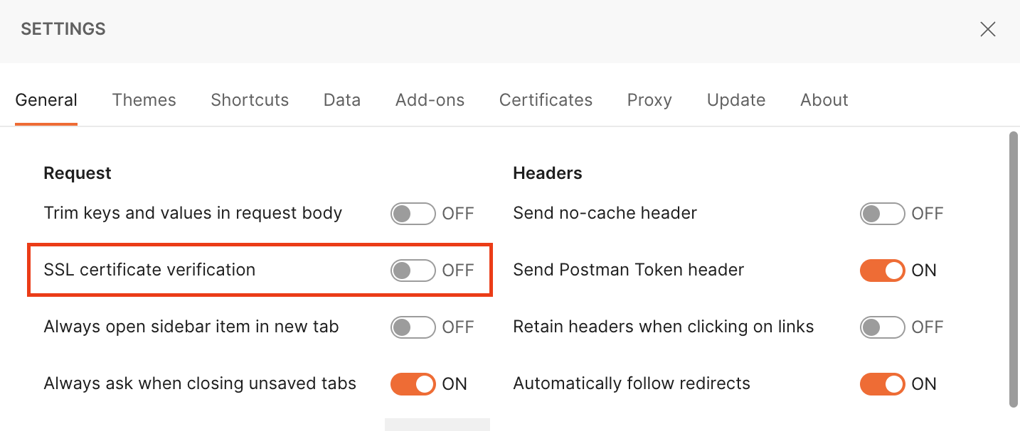 Postman settings - SSL verification is off