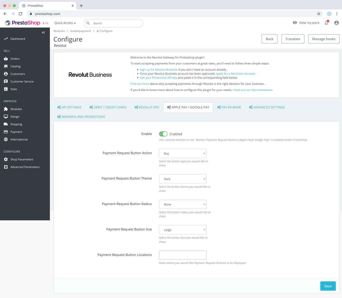 PrestaShop - Apple Pay and Google Pay settings