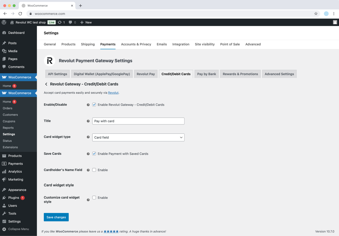 WooCommerce - card settings