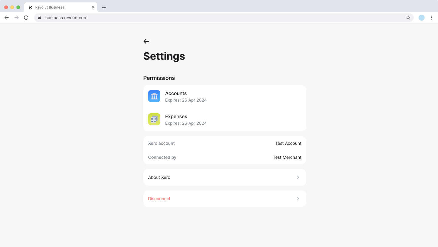 Revolut Business: Xero - App settings