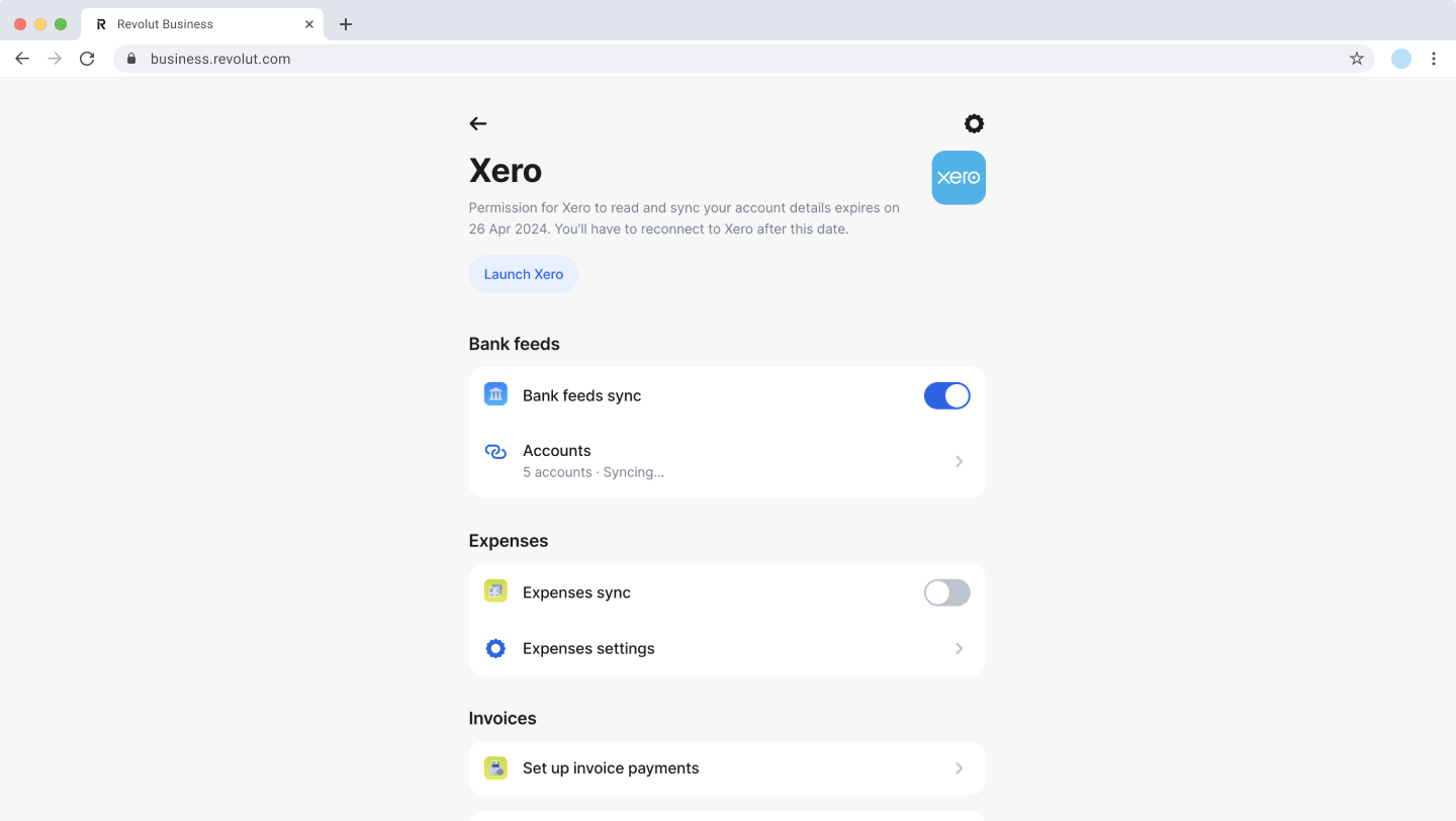 Revolut Business: Xero - Main screen