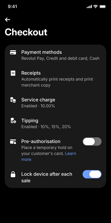 Checkout settings with Pre-authorisation toggle on Terminal