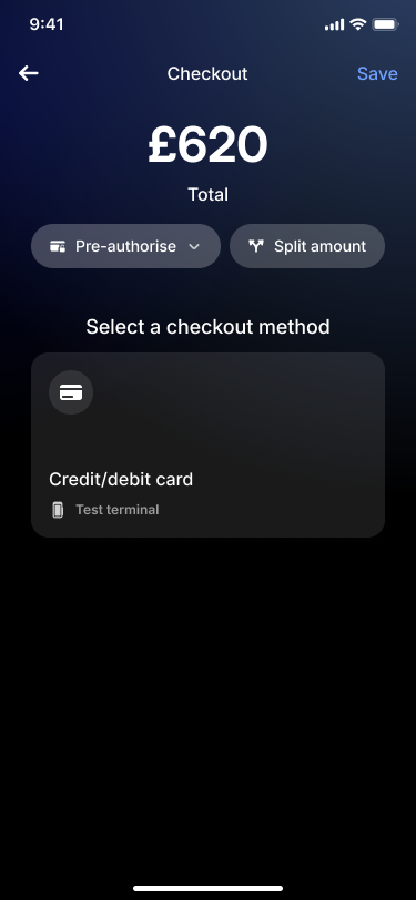 Checkout screen with Pre-authorise / Pay toggle on Terminal