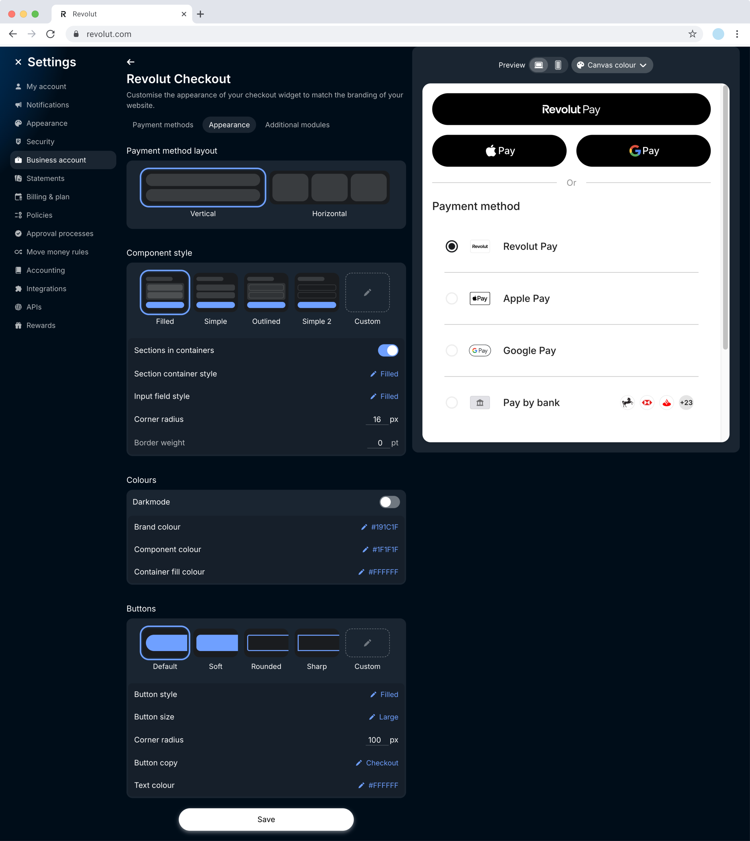 Revolut Checkout - Appearance