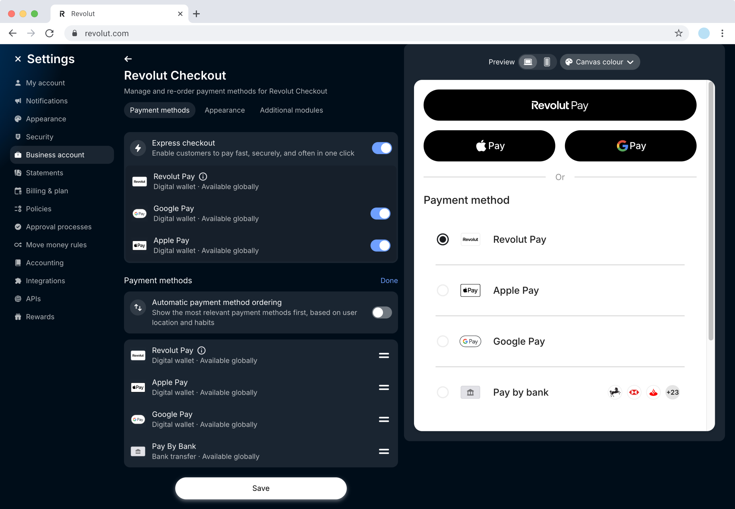 Revolut Checkout - Reorder payment methods